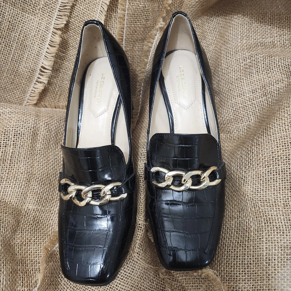 Mocasines Liz Claiborne Negro Cocodrilo Repujado Tacón Bloque 8M Cadena Dorada Puntera Cuadrada Foto 4 de 4