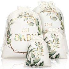 4 Pieces Large Gift Bag with Drawstring Baby Shower Canvas Gift Bags Greenery...