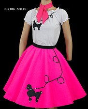 3 PC Neon PINK 50's Poodle Skirt outfits Girl Sizes 7,8,9,10 W 20"-26"