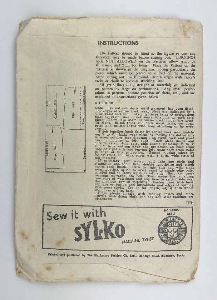 1950's Vintage Pattern Blackmore 7679  Women's Slim Straight Skirt Hip 36” - Image 2 of 3