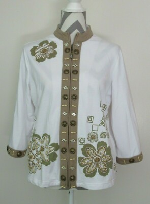 DRAPERS AND DAMONS 2539 Women White 3/4 Sleeve Jacket Embroidery Zip Pocket S/M 
