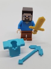 LEGO Minifigura Minecraft STEVE con Espada Dorada Diamante Armadura Cofre y Pico