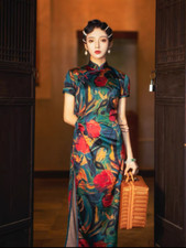 Chinese traditional silk cheongsam vintage Qipao wedding party floral dress