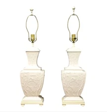 1960's Asian Chinoiserie White Porcelain Table Lamps - Pair