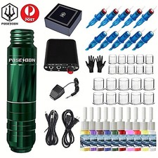 POSEIDON Tattoo Machine Kit Pen Gun Rotary Motor Power Supply Needle Color Inks