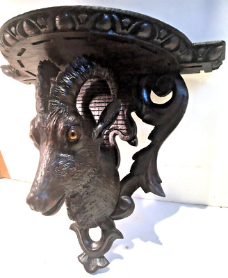 ANTIQUE BLACK FOREST SWISS WOOD CARVED LARGE IBEX-ALPINE GOAT WALL SHELF