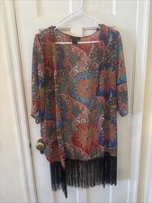 Women  s Black Fringe Floral Print Kimono Open Cardigan Semi Sheer Boho M