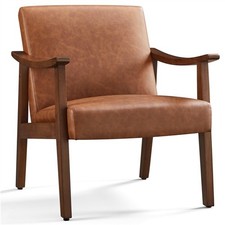 Mid-Century Modern Faux Leather Upholstered Accent Chair with Solid Wood Legs