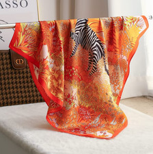 100 Silk Mulberry Scarf 70X70cm Square Orange horse Print Shawl Bandann wrap
