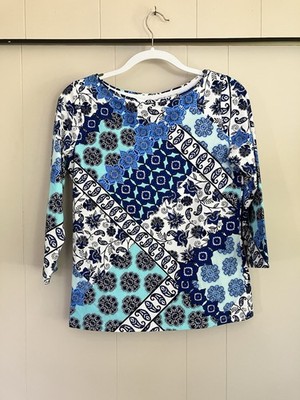 Talbots, The Talbot's Tee 3/4 Sleeve Boatneck Blue White Aqua Size Small Stretch