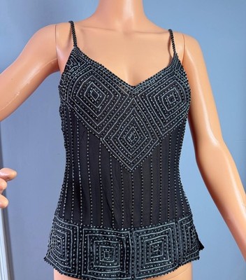 Rampage NWT 100% Silk Beaded Camisole Top Small Black Y2K Geometric Sequin Tank