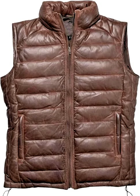 Men's Dark Brown Down and Quilted Puffer Lambskin Leather Jacket (sleeveless)