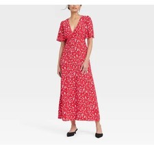 147 A New Day Women's Floral Maxi Sundress Size 24 Red Short Sleeve NWT