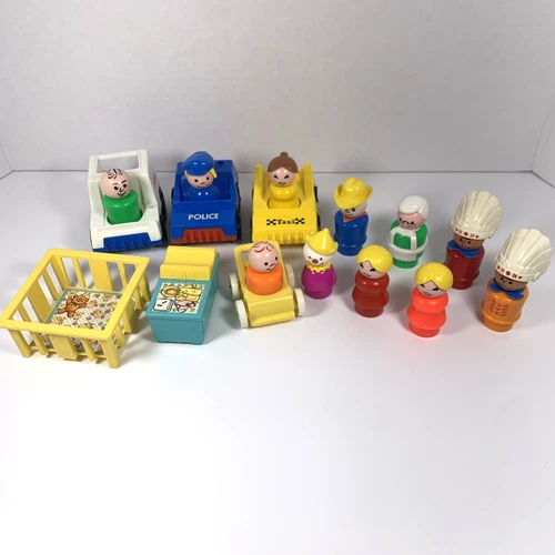 Vintage Lot Of 17 Fisher-Price Little People Figures, Nursery, Vehicles