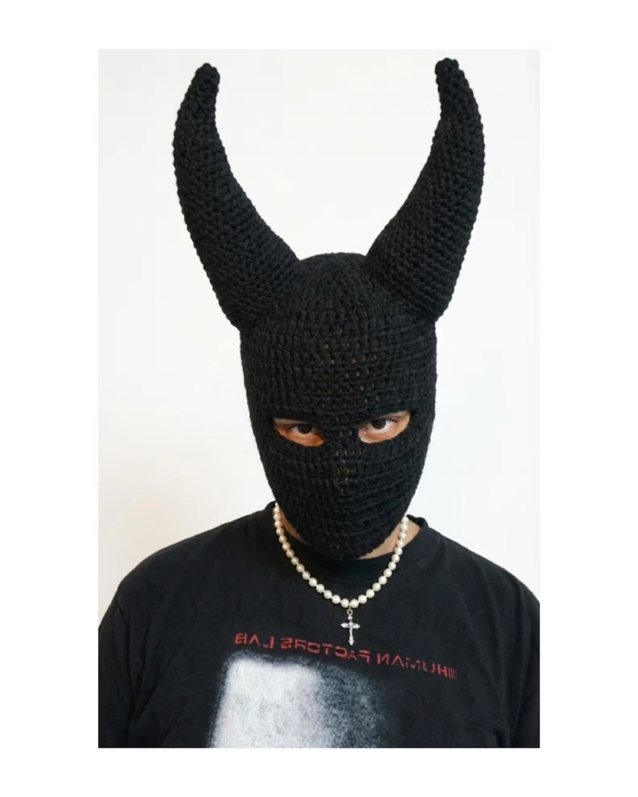 Handmade Crochet Black Horned Balaclava: Gothic Devil Mask