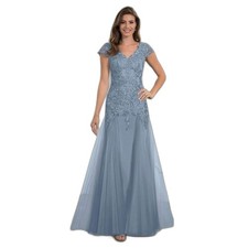 Azazie Dusty Blue Mermaid Sequin Tulle Laurie Romy Floor Cap Sleeve Formal Dress