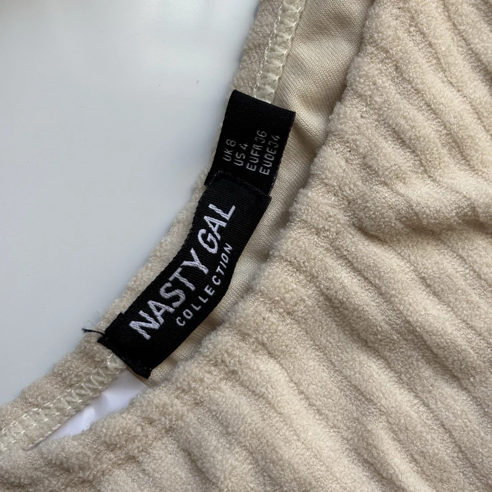 NEW Nasty Gal Toweling Rib Crop Bikini Set Size 4 Sand Beige High Waist Cheeky - Image 3 of 4