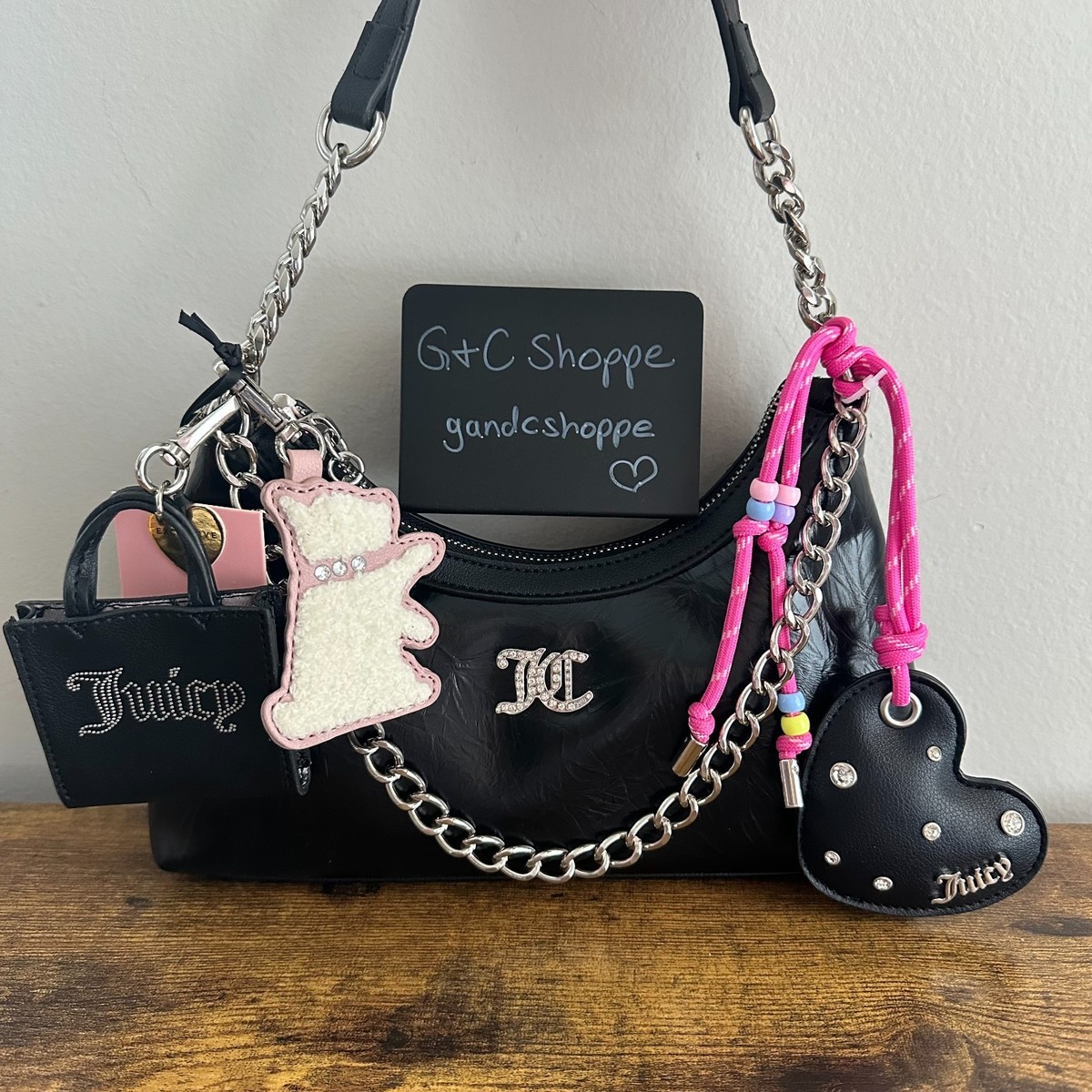 New Juicy Couture Juicify Black Shoulder Bag Silver Terrier Heart