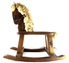 Vintage Wooden Rocking Horse with Wool Mane and Tail   Handmade Toy   1970s