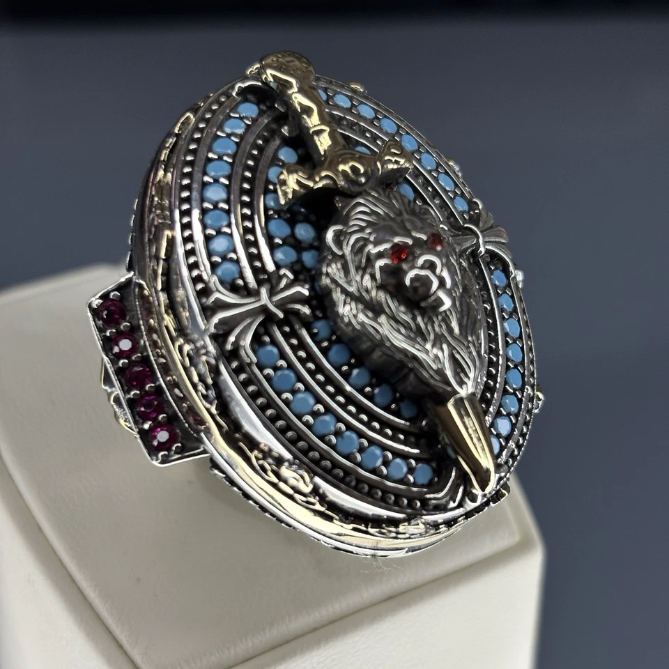 Sterling Silver Lion Head Ring: Ruby Eyes, Turquoise, Gothic Sword Jewelry - Image 3 of 4