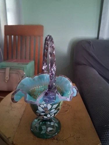 Fenton Glass New Century XXI Basket Signed Hand Painted Dragonfly Floral 10”