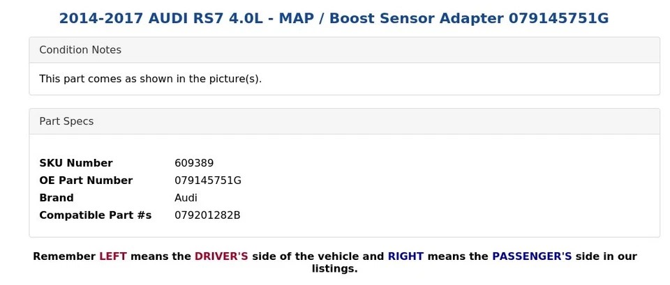 AUDI RS7 2014-2017 4,0 L - MAPA / Adaptador Sensor Boost 079145751G Foto 4 de 4