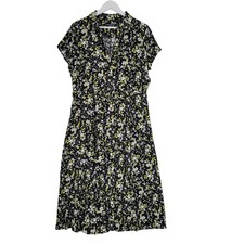 Calvin Klein 90s Style Floral Shirt Dress XL Black Yellow Midi Maxi Front Slit