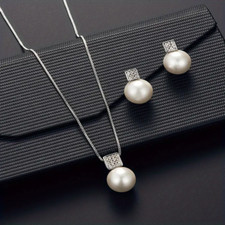 Faux Pearls Pendant Necklace Stud Earrings Set Birthday Evening Party Silvery