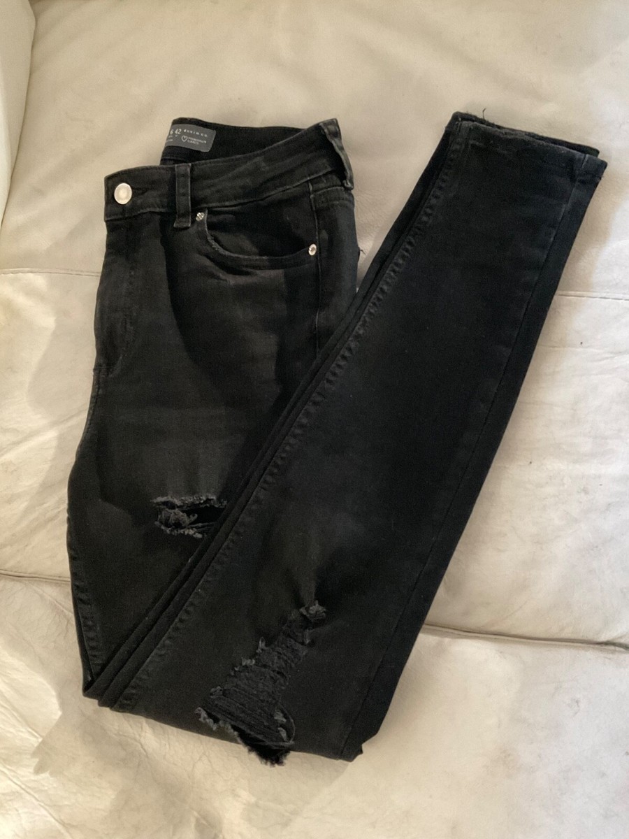 Ladies DENIM High Waisted Washed Black Ripped Skinny Stretch Jeans size  10
