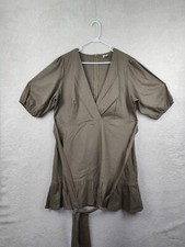 Asos Women Dress 14 Brown Linen Blend Short Puff Sleeve V Neck Waist Tie Mini