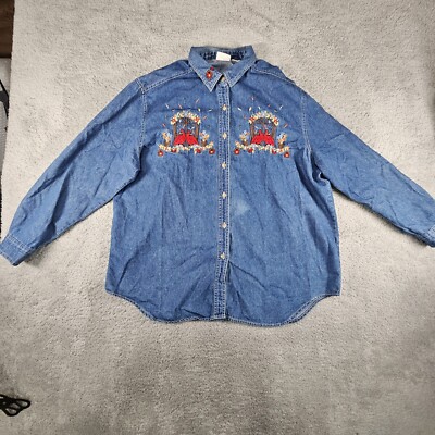 VTG Bobbie Brooks Top Womens XL  Embroidered Floral Cardinal Denim L/S Denim