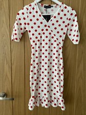 Pretty little Thing White Polka Dot Frill Hem Bodycon Dress Size 6