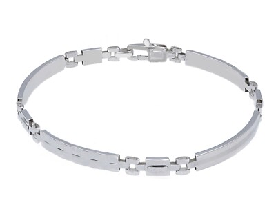 18K WHITE GOLD MAN SEMI RIGID BRACELET ALTERNATE 4mm FLAT PLATES WITH SQUARES