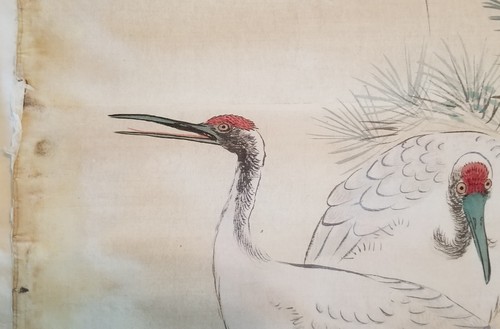 VTG. JAPANESE CHINESE ASIAN LANDSCAPE STORK CRANE HANGING SILK SCROLL PAINTING - Picture 10 of 10