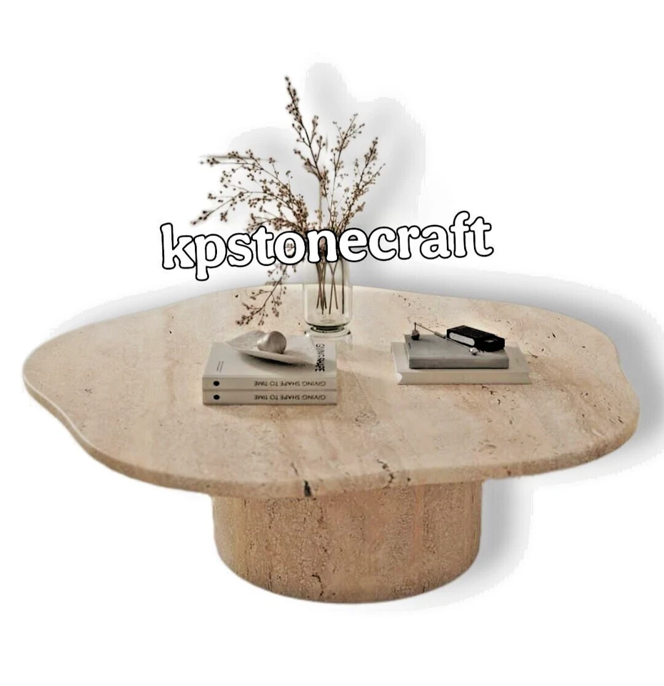 Mesa de centro Harlowe de travertino irregular - Mesa redonda de piedra de lujo hecha a mano Foto 2 de 4