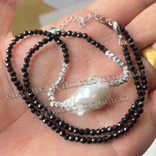 3mm Faceted Black Spinel  25mm White Baroque Keshi Pearl Pendant Necklace 18"