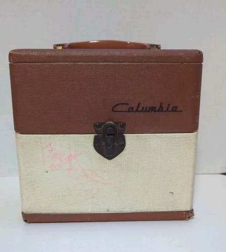 Vtg Brown/Beige Columbia 45 rpm wood/vinyl record carrying case READ
