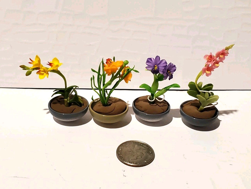 Lot of 4 Handmade Dollhouse Miniature Orchid Flowers In Pots 1/12