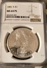 1881-S MORGAN SILVER DOLLAR NGC GRADED MS64PL $1 PROOF LIKE