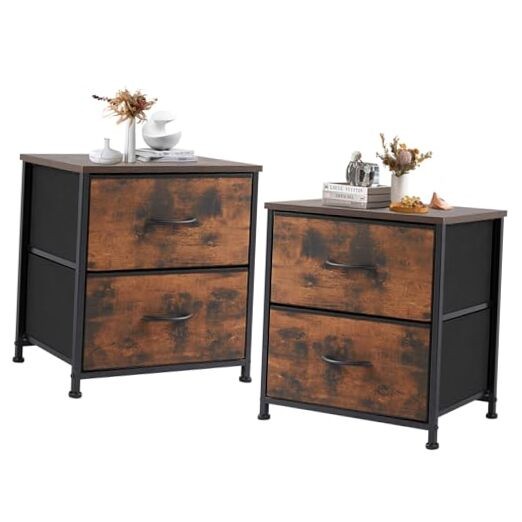 Rustic Brown Nightstand with 2 Fabric Drawers - Set of 2 Small Side Tables-image