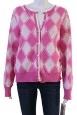 Nanette Nanette Lepore Women Pink Argyle Cardigan Button Long Sleeve Size L
