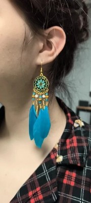 Blue Feather Drop Earrings Beaded Dangle Summer Fashion Jewelry Gift for Women