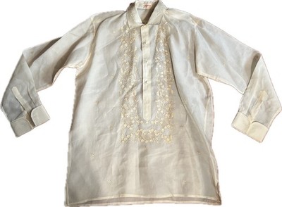 Filipinas Philippine Barong Floral Long Sleeve Button Shirt M 15-33 Ivory Beige
