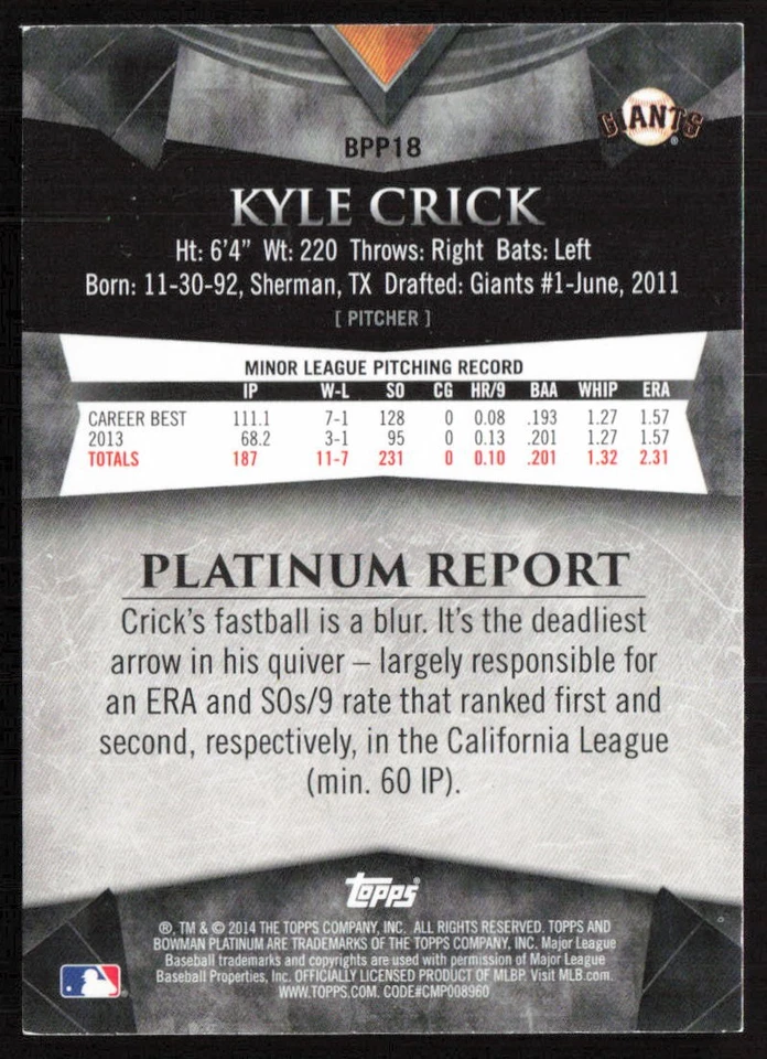 2014 Bowman Platinum Prospects Kyle Crick #BPP18 San Francisco Giants - Image 2 of 2