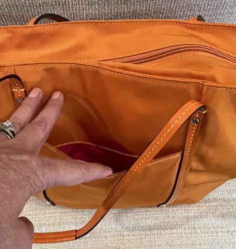 Tumi Voyageur Tangerine Orange Nylon Tote Bag Pink Lining Patent Trim 19”x12”x6” - Picture 13 of 20