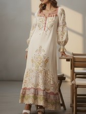 New $298 Farm Rio Printed Linen Needlepoint Lg Floral Long Sleeve Peasant Shift