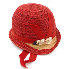 1920s Red Straw Upturned Brim Cloche Hat Flapper Art Deco White Flowers Sz 20 in