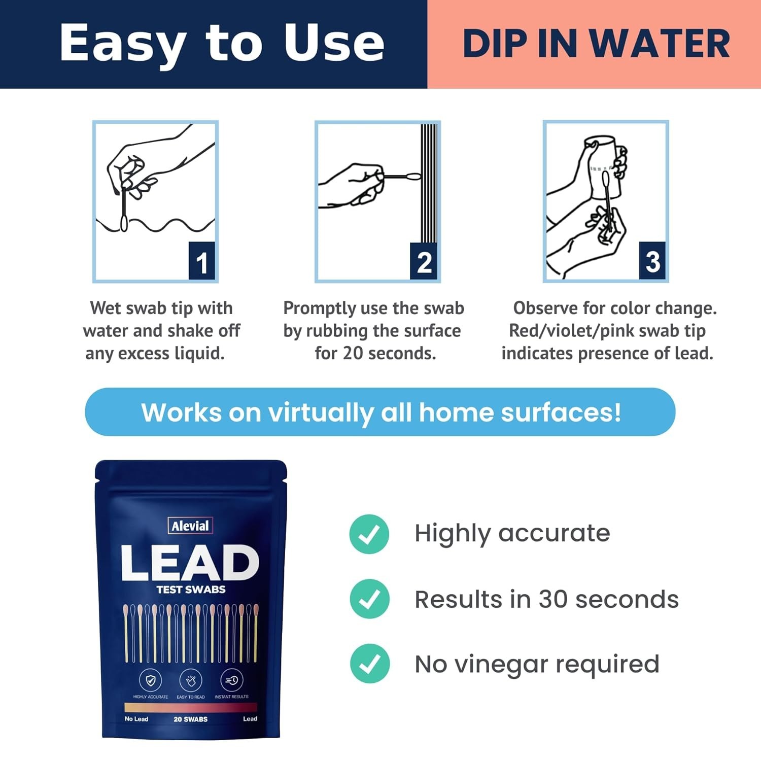 Lead  Kit 20 Instant Testing Swabs for Home Dip Swab in Water No Vinegar Requ...