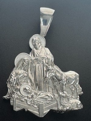 Krippe Geburt Jesu Christi 2,5'' großer Anhänger Sterlingsilber 83,2 g