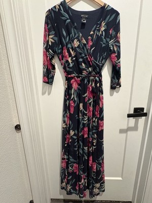 Kate and Lily Floral whimsey goth Maxi Dress.Navy Pink.3/4 Sleeve.Businesscasual